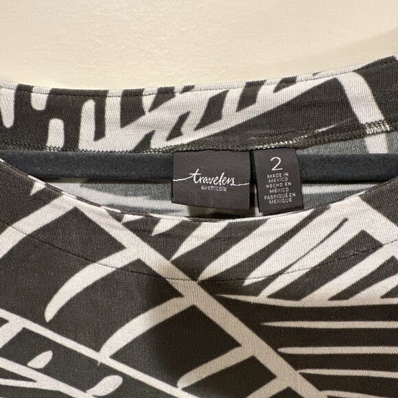 CHICOS TRAVELERS Top Blouse Womens 2 Greenish Gray White Unique Collar Side Tie - Picture 3 of 5